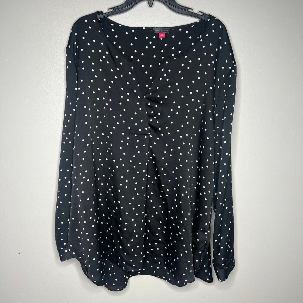 Vince Camuto Black White Polka Dot Blouse Tunic Pullover Long Sleeve V Neck XXL